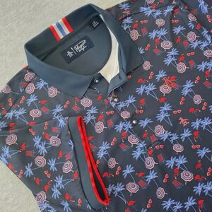 Original Penguin Mens Flamingo Tropical Print Polo Shirt Navy Blue Large L/G